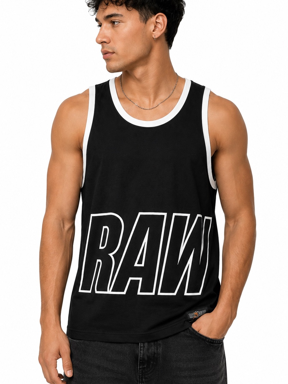 Men's Black Tank Top with White Trim - RAW Graphic